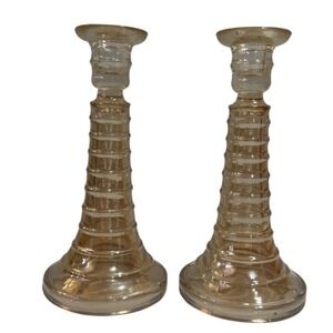 Vintage Romantic Regency Carnival Glass Candlestick Pair Ribbed Spiral Columns